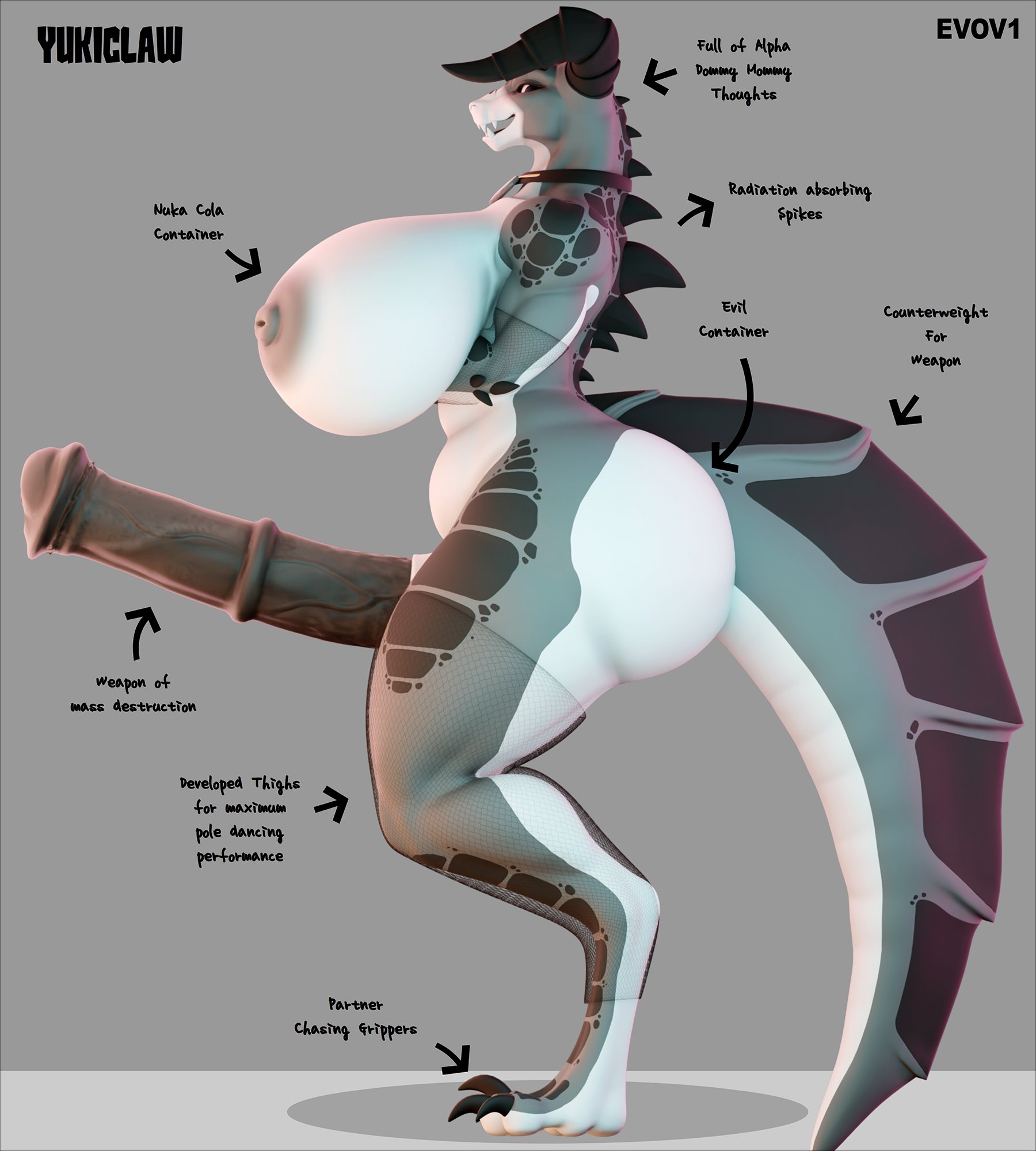 2015, 3d, 3d (artwork), big breasts, breasts, breasts bigger than head, claws, deathclaw, deathclaw humanoid, equine genitalia, equine penis, evil container, evov1, fallout, fallout (series), futanari, herm, high quality, high resolution, highres, horns, horsecock, membranous tail, meme reference, tagme, tail, tits bigger than head, yuki (evov1), yukiclaw (evov1)