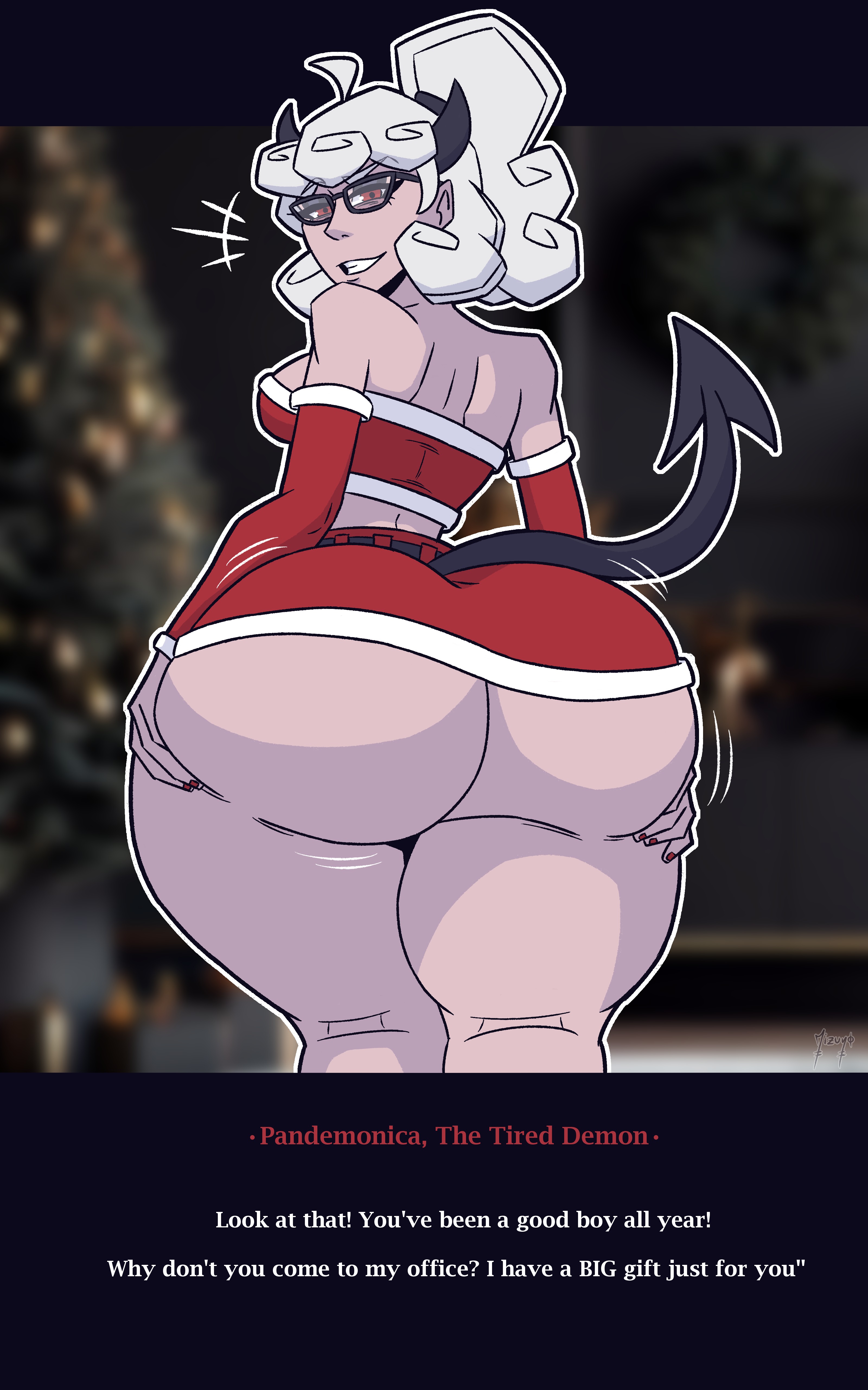 1girls, ass focus, ass support, back, back view, backboob, big ass, black eyeshadow, bottom heavy, bubble ass, bubble butt, child bearing hips, christmas, christmas clothing, christmas outfit, clothing, dat ass, demon, demon girl, demon horns, demon tail, detached sleeves, english, english text, eyeshadow, eyewear, female, female only, glasses, hair, hands on ass, helltaker, horns, huge ass, huge hips, huge thighs, justmizuno, looking back, motion lines, nail polish, nails, pandemonica (helltaker), ponytail, red eyes, red nail polish, red nails, red skirt, short skirt, skirt, smile, solo, solo female, tail, text, text box, thick thighs, thighs, tubetop, white hair