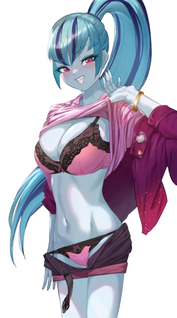 1girls, 2020s, 2022, almost naked, aqua hair, artist request, belly, big breasts, blue skin, blush, blushing, bra, bracelet, cartoon, cleavage, detailed, equestria girls, equestria girls: rainbow rocks, fanart from twitter, female, full body, functionally nude, hasbro, huge breasts, human, jacket, lingerie, long hair, my little pony, naughty face, naughty smile, navel, no ai, panties, pink bra, pink lingerie, pink panties, ponytail, pulling down shorts, removing clothing, shorts, smile, solo, sonata dusk, stripping, teeth, teeth showing, twitter link, two-tone hair, undressing, undressing self, unknown artist, villain, villainess, western cartoon, white background