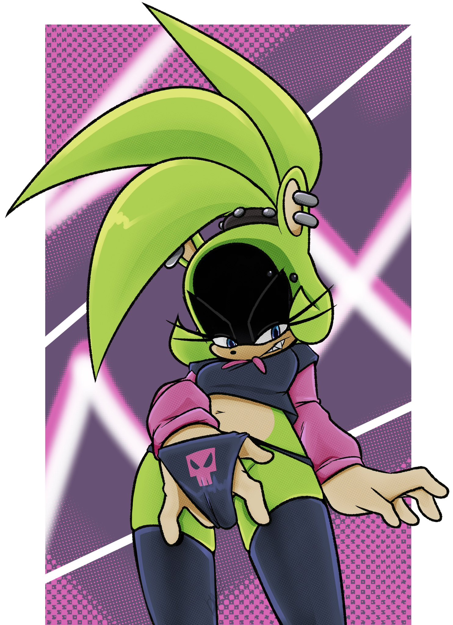 1girls, amarperre, anthro, belly button, blue eyes, clothed, clothed female, clothing, cropped hoodie, earrings, female, fingering, fingering self, fingering under clothes, fur, green fur, hoodie, idw publishing, masturbation, navel, paggi outfit, panties, partially clothed, piercings, sega, solo, sonic (series), sonic the hedgehog (comics), sonic the hedgehog (idw), sonic the hedgehog (series), standing masturbation, surge the tenrec, tenrec, thighhighs