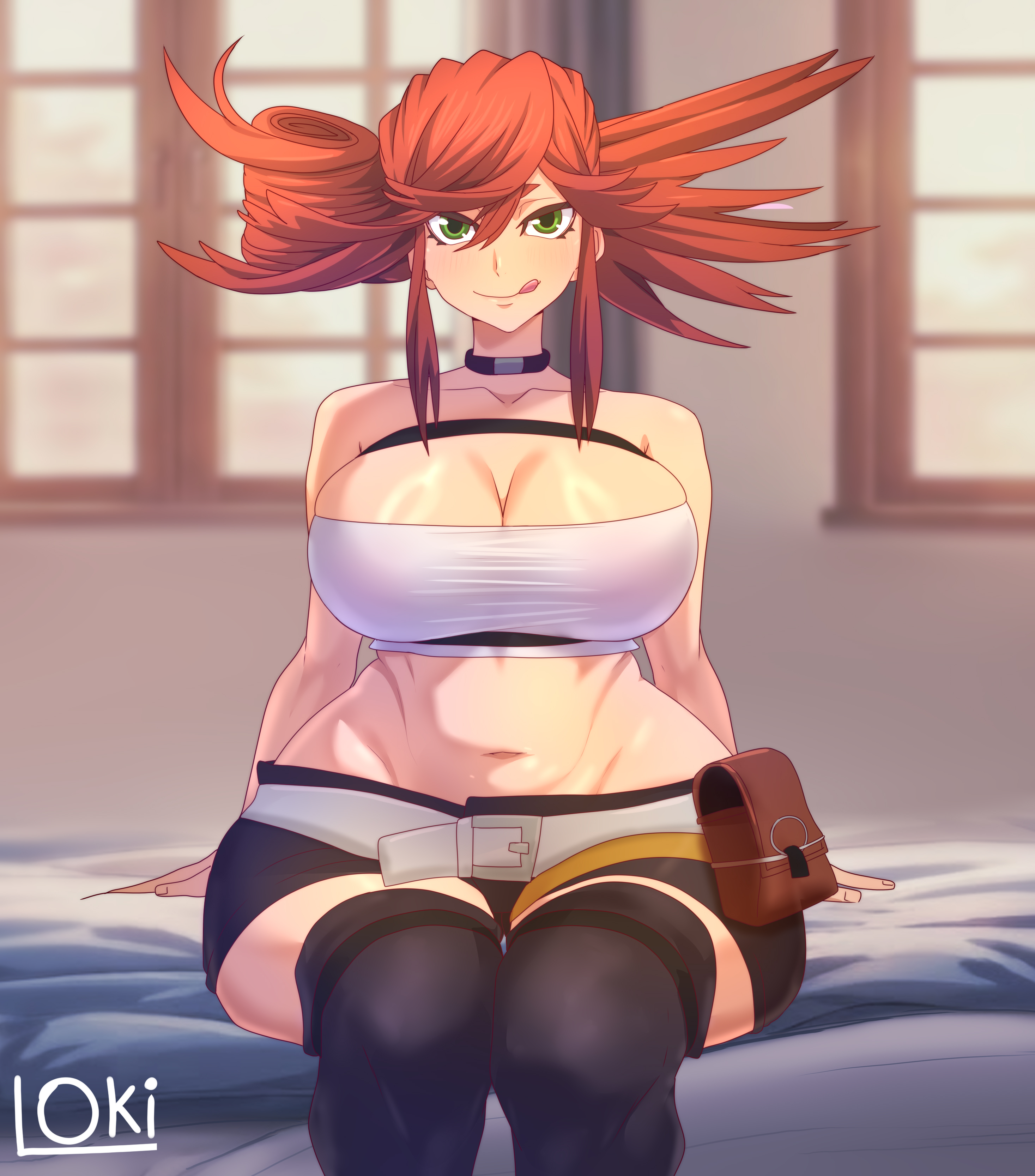 1girls, bed, big ass, big breasts, clothed, clothing, gachiakuta, licking own lips, looking at viewer, on bed, riyou reaper, sitting, sitting on bed, solo, solo female, thick thighs