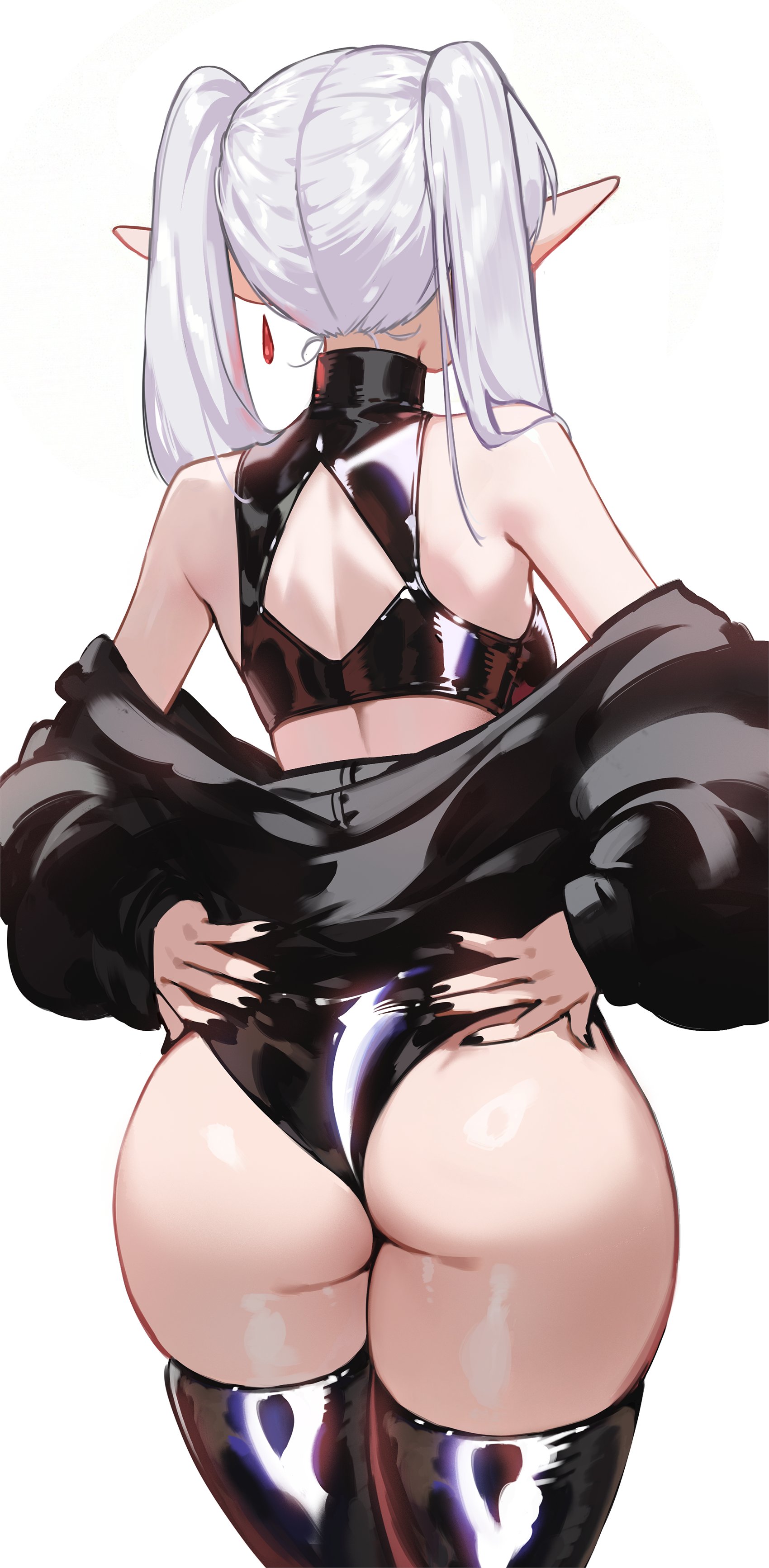 1girls, absurdres, ass, ass focus, black jacket, black nails, black panties, black shirt, black thighhighs, breasts, crop top, earrings, elf, facing away, female, female only, foolish potato, frieren, from behind, grey hair, hands on own hips, hashtag-only commentary, highres, jacket, jewelry, legs together, long pointy ears, long sleeves, medium breasts, nail polish, off shoulder, panties, pointy ears, puffy long sleeves, puffy sleeves, shiny clothes, shirt, simple background, solo, sousou no frieren, standing, teardrop earrings, thighhighs, twintails, underwear, very long fingernails, white background
