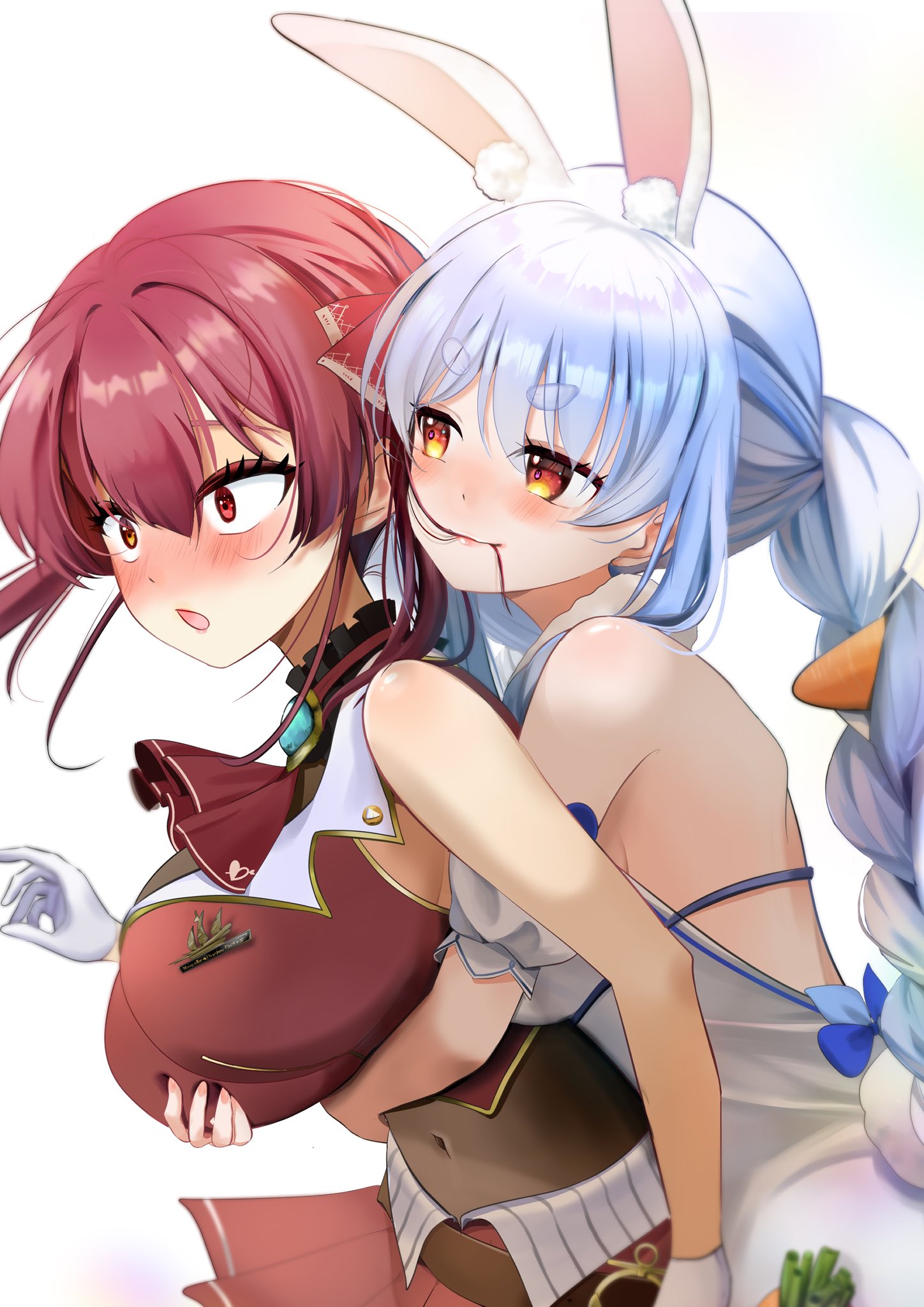 2girls, blue hair, grabbing another's breast, grabbing from behind, hololive, houshou marine, hug from behind, large breasts, long hair, red hair, usada pekora, virtual youtuber, yuri