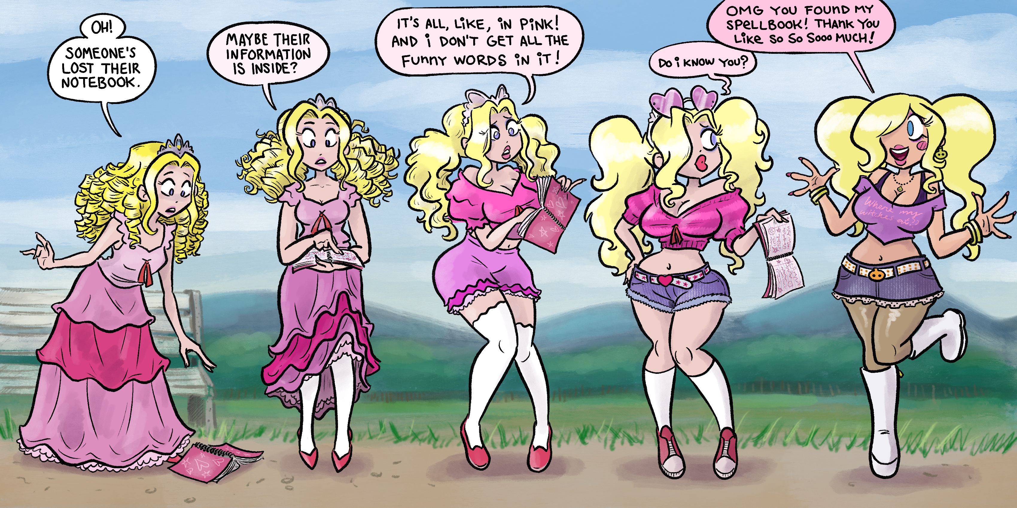 1girls, ass, ass expansion, big ass, bimbo, bimbofication, blonde hair, blue eyes, brainwashing, breast expansion, breast growth, breast growth (enlargement), breasts, caelia, cleavage, comic, dumbification, english text, female, female only, femsub, garter straps, hair grab, hi res, huge breasts, hypnosis, identity death, large breasts, long hair, mr-dna, princess, royalty, speech bubble, text, thick thighs, thighhighs, transformation, transformation sequence