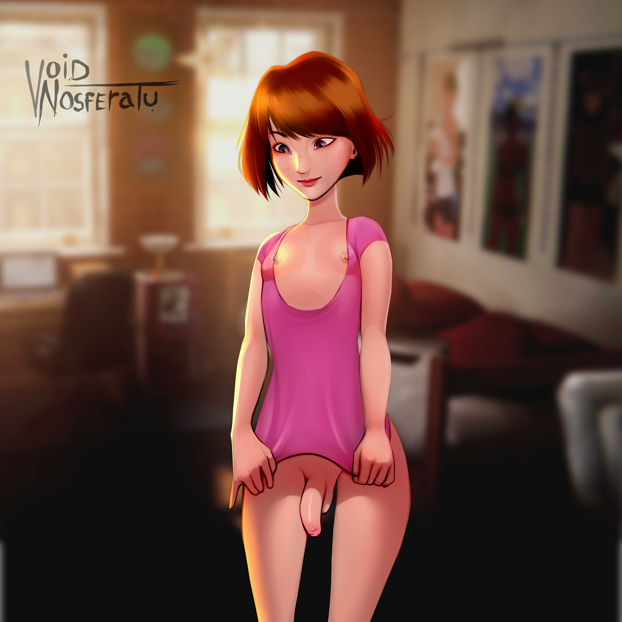 1boy, androgynous, balls, bob cut, dress, eyeshadow, femboy, foreskin, freckles, girly, life is strange, lipstick, looking down, makeup, male, male only, max caulfield, nipples, partially clothed, partially retracted foreskin, penis, penis under dress, petite, pink shirt, pinky out, retracted foreskin, rule 63, shirt only, shirt pull, skinny, slender, small penis, solo, testicles, trap, uncircumcised, uncut, voidnosferatu, young