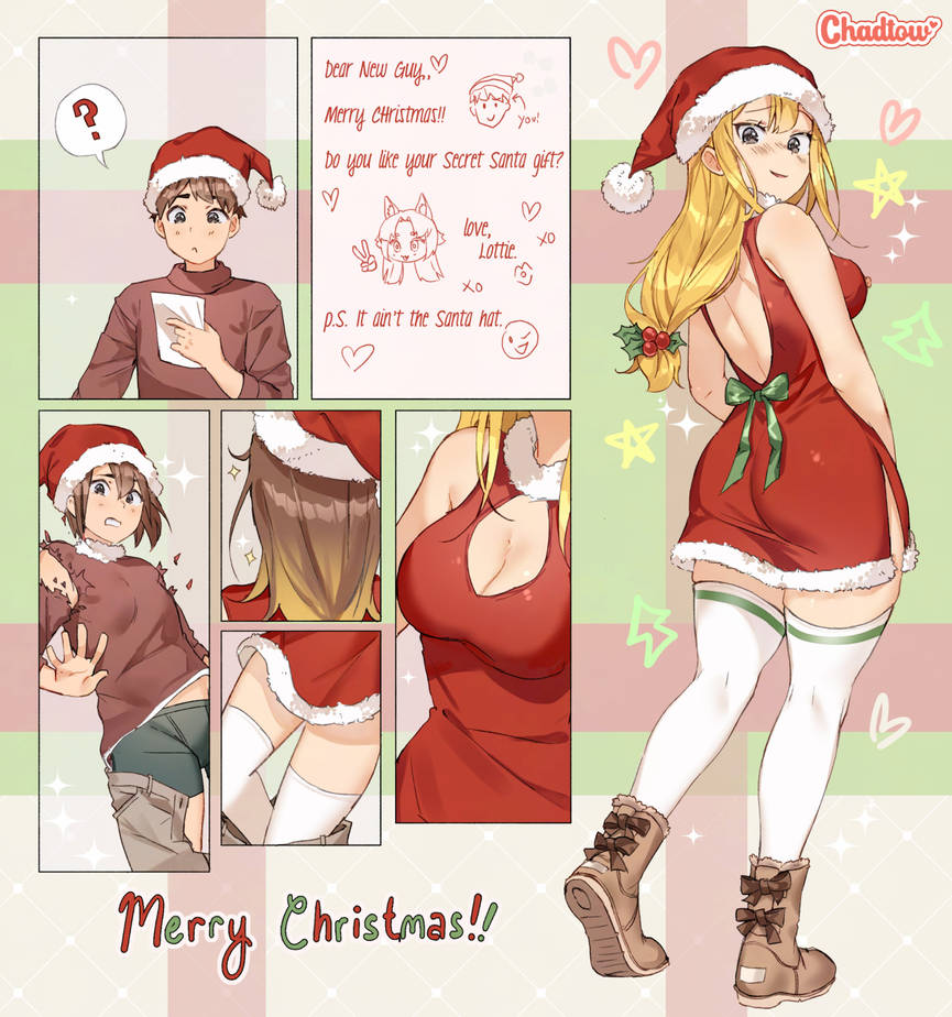 ?, 1boy, 1girls, 2025, 2d, artist name, blonde female, blonde hair, blush, breast expansion, breast growth, brown eyes, brown hair, brown hair male, chadtow, christmas, christmas outfit, clothed, clothes, clothing, color, colored, comic, comic panel, digital media (artwork), english text, female, full body, fully clothed, gender transformation, genderswap (mtf), hi res, light skin, light-skinned female, male, merry christmas, original character, rule 63, santa costume, santa hat, sequence, text, transformation, transformation sequence