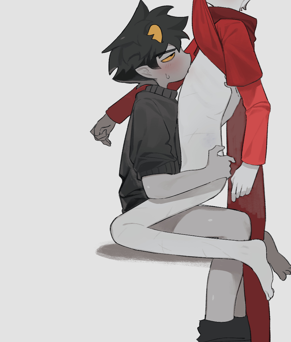 2boys, alien, alien humanoid, biting clothes, biting nipple, biting shirt, black hair, black hair male, bottomless, canon couple, colored skin, dave strider, gay, grey skin, homestuck, homestuck troll, horn, horns, humanoid, karkat vantas, licking, licking chest, licking nipples, male, male focus, male only, scar, scars, shirt lift, shirt only, short hair, short hair male, sweater, szsnw, troll, yaoi