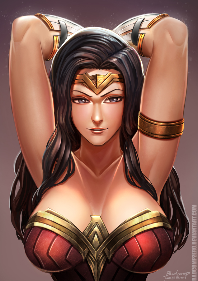 1girls, amazon, armor, armpits, arms up, artist name, badcompzero, bare shoulders, black hair, blue eyes, bracelet, breasts, cleavage, covered breasts, dc, dc comics, dc extended universe, diana of themyscira, female, female only, fully clothed, jewelry, large breasts, long hair, looking at viewer, open mouth, signature, smile, solo, superhero, superheroine, tiara, upper body, watermark, web address, wonder woman, wonder woman (dceu), wonder woman (series)