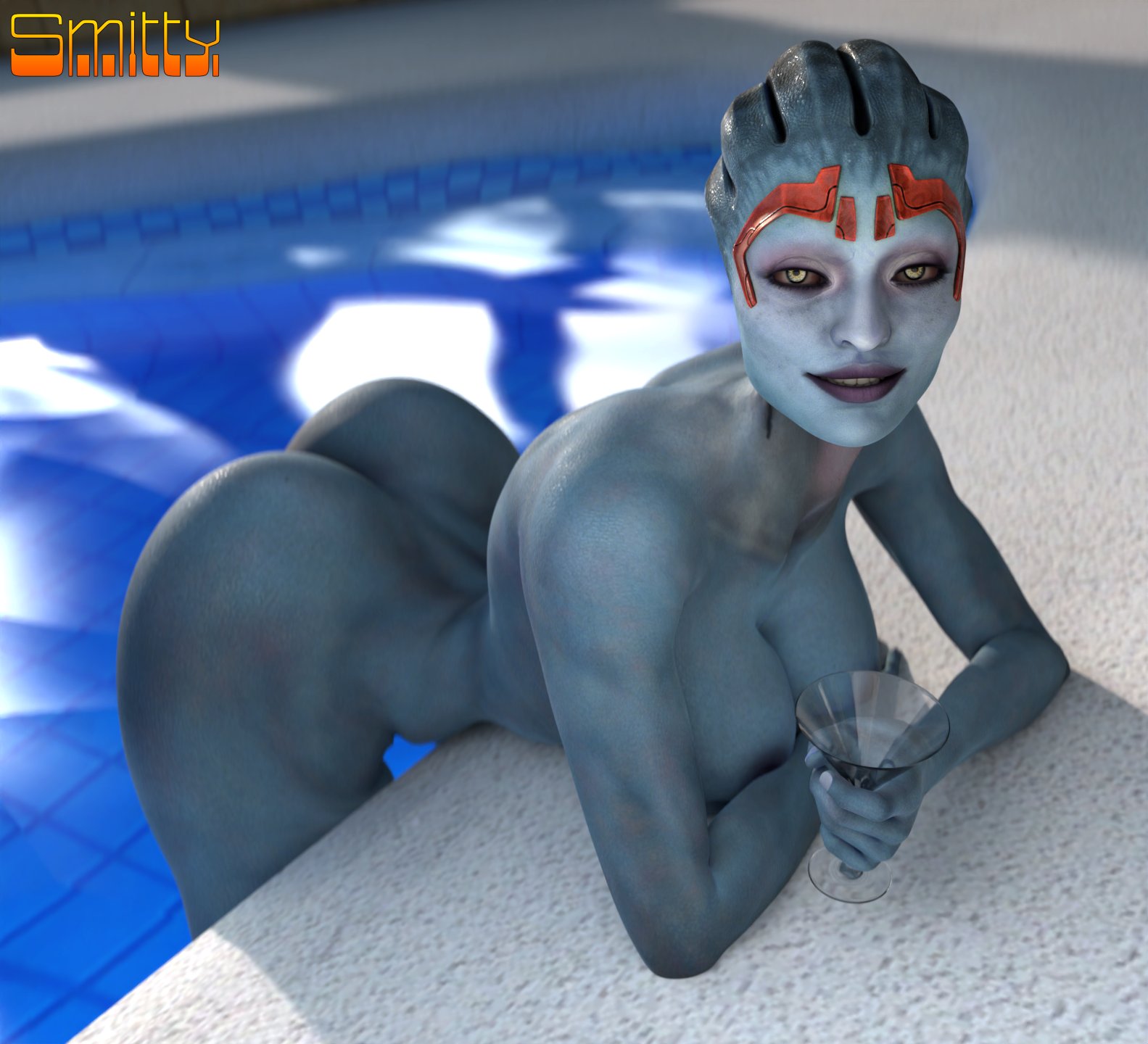 1girls, 2022, 3d, alien, alien girl, areolae, asari, ass, big breasts, blue skin, blue skinned female, blue-skinned female, breasts, cocktail, cocktail glass, completely nude, female, female only, holding drink, lipstick, looking at viewer, martini glass, mass effect (series), mass effect 2, nipples, nude, nude female, pool, poolside, purple lipstick, samara, smitty34, solo, white eyes