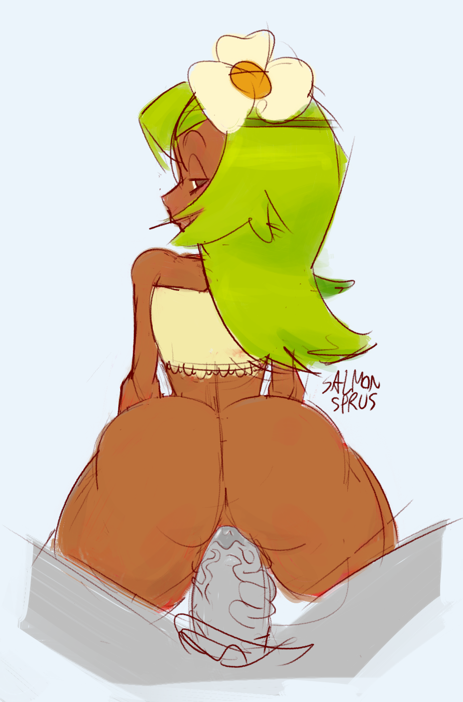 1boy, 1girls, amalia, ankama, anus, artist name, ass, back view, bangs, big penis, bottomless, brown eyes, dark skin, dark-skinned female, duo, female, female on top, flower, green hair, hair flower, hairless pussy, long hair, looking at viewer, looking back, male, male pov, male pubic hair, partial male, penis, pov, princess, pubic hair, pussy, reverse cowgirl position, sadida, salmonsprus, straight, tube top, veiny penis, wakfu, white background
