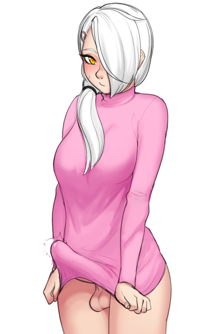 1futa, andrea vaeyl, balls, blush, breasts, bulge, erection, erection under clothes, futa only, futanari, hair over eye, intersex, long hair, looking at viewer, original, penis, penis under clothes, precum, razalor, solo, sweater, testicles, twitch lines, white hair, yellow eyes