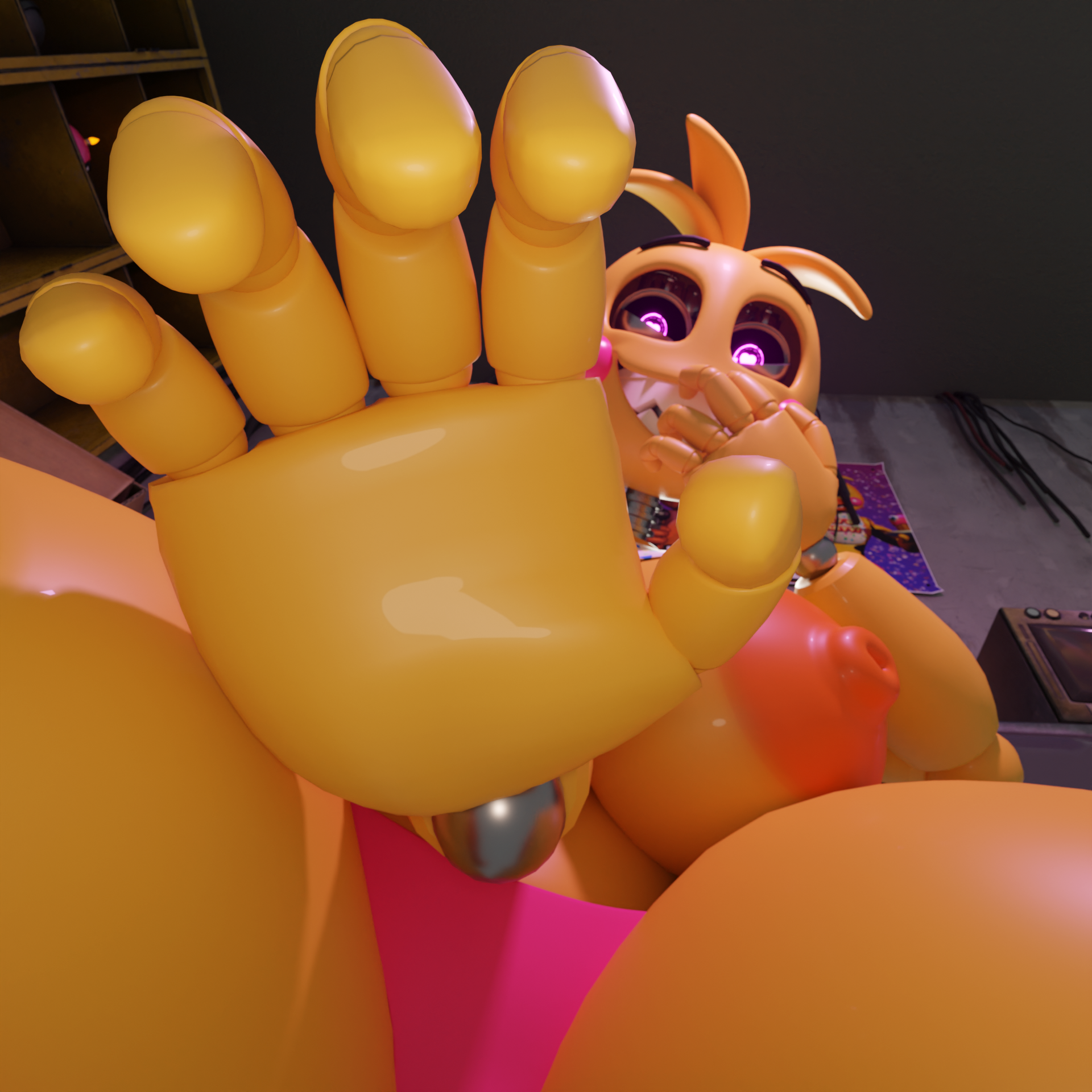 3d, 3d (artwork), animatronic, animatronic female, animatronic girl, bib, big breasts, blender, breasts, female, female focus, female only, five nights at freddy's, five nights at freddy's 2, giant female, giant woman, giantess, heart-shaped pupils, huge toy chica, large boobs, large breasts, looking at viewer, loving gaze, lustful gaze, macro, macro female, mikesmike, obsessed, pov, reaching towards viewer, robot, robot girl, smile, smiling, smiling at viewer, solo, solo female, solo focus, toy chica (fnaf), toy chica (love taste), yandere