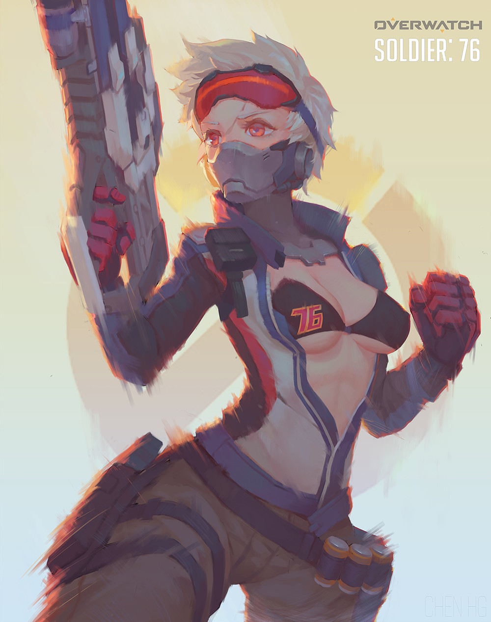 bra, chen hg, female, female soldier 76, goggles, gun, mask, open shirt, overwatch, overwatch 2, rule 63, soldier 76, white hair
