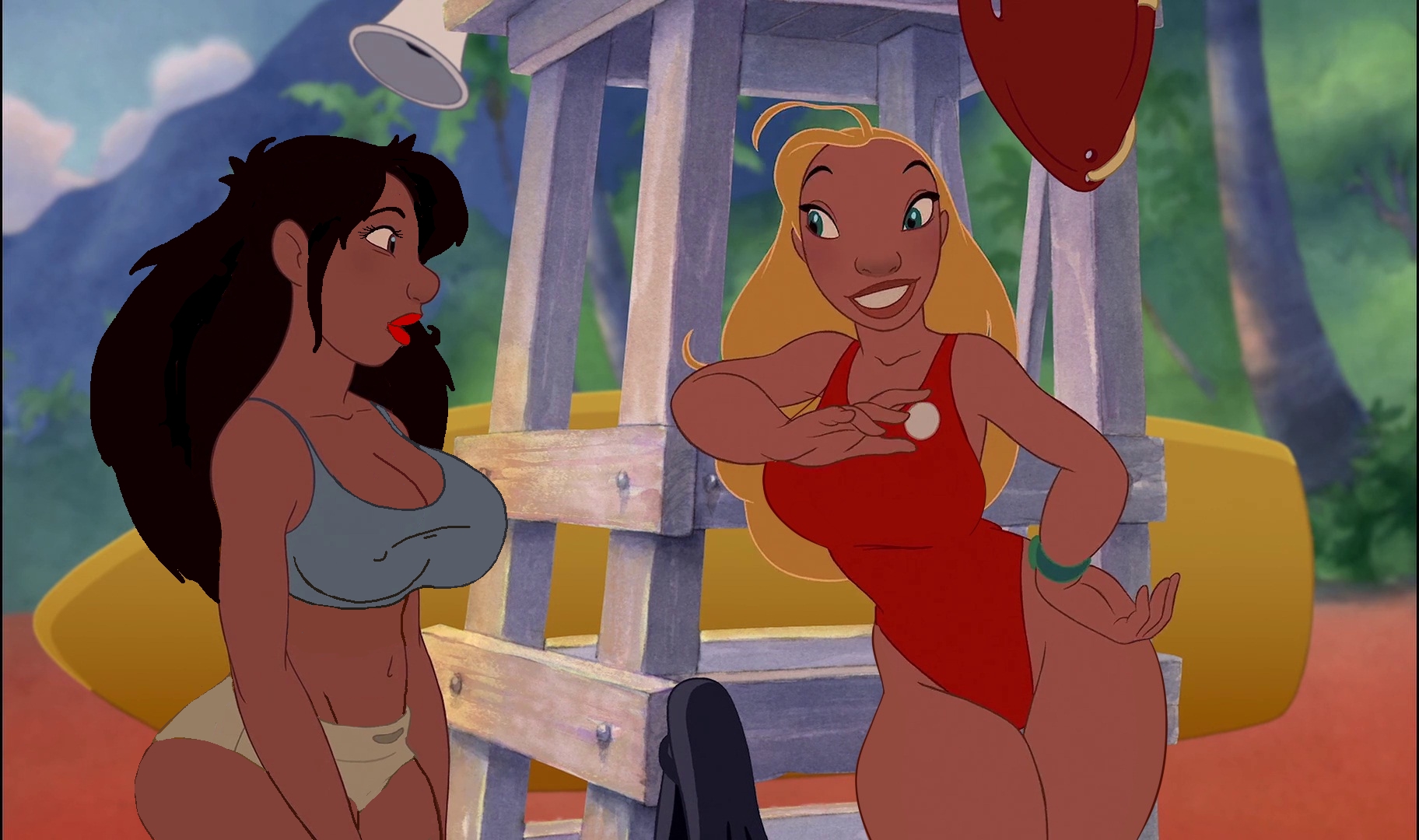 2girls, accurate art style, big breasts, bimbo, blonde hair, blue eyes, breasts, casual, cleavage, clothed, dark skin, dark-skinned female, disney, edit, erect nipples, female, female only, human, lifeguard, lifeguard (lilo and stitch), lilo and stitch, lipstick, nani pelekai, nipples, one-piece swimsuit, public, red one-piece swimsuit, rescue buoy, screenshot, screenshot edit, shorts, tagme, tank top, voluptuous, wristwatch, wristwear