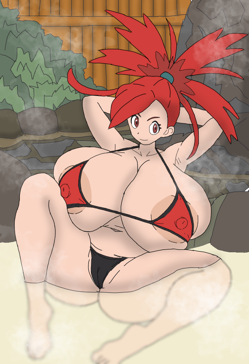 alternate_breast_size breasts_bigger_than_head copitheditto flannery_(pokemon) hot_spring huge_breasts human human_only light-skinned_female light_skin looking_at_viewer nintendo pokemon pokemon_rse red_eyes red_hair swimsuit