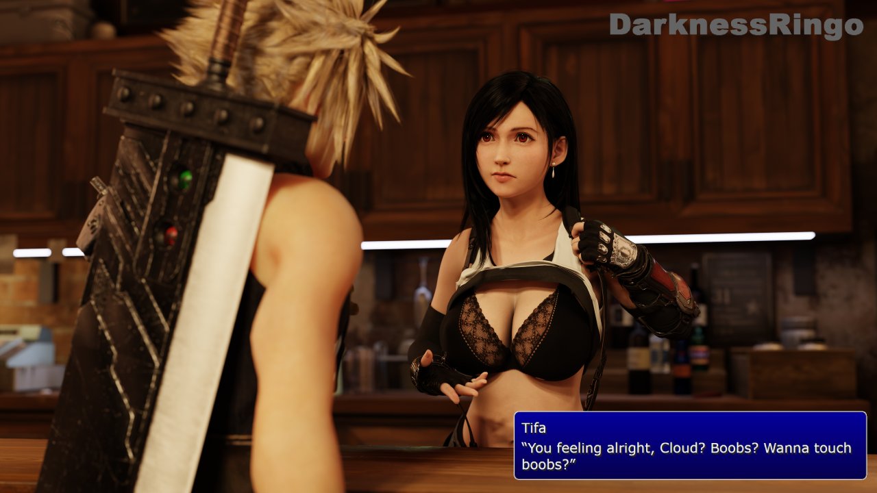 1boy 1girls 3d bar big_breasts black_bra bra cleavage cloud_strife daijoubu?_oppai_momu? darknessringo dialogue english_text final_fantasy final_fantasy_vii final_fantasy_vii_remake human human_only large_breasts lifting_shirt light-skinned_female light-skinned_male light_skin square_enix tifa_lockhart