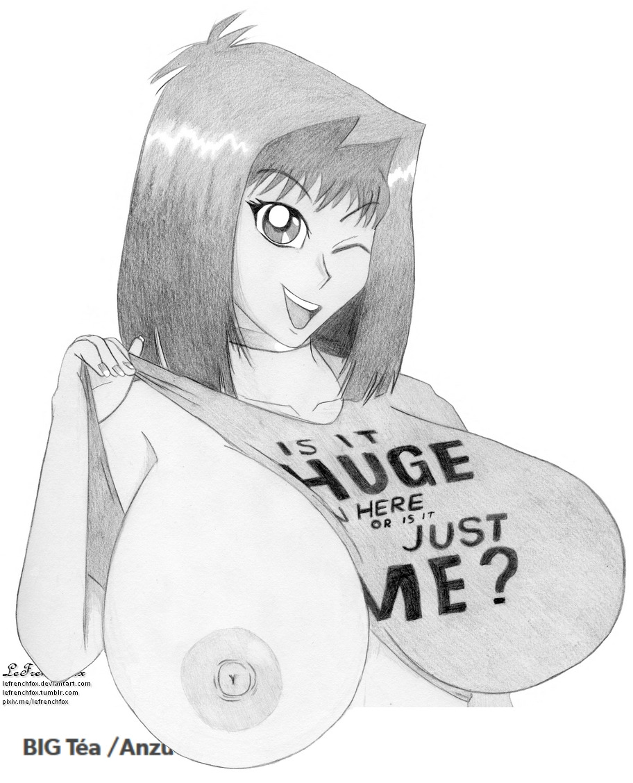1girls, areolae, big breasts, breast out, breasts, cleavage, curvy, erect nipples, exposed breasts, eyelashes, female, front view, gigantic breasts, huge breasts, imminent sex, large breasts, lefrenchfox, nipples, open mouth, partially nude, puffy nipples, shirt up, short hair, smile, solo, standing, straight, tea gardner, top lift, voluptuous, wink, yu-gi-oh!