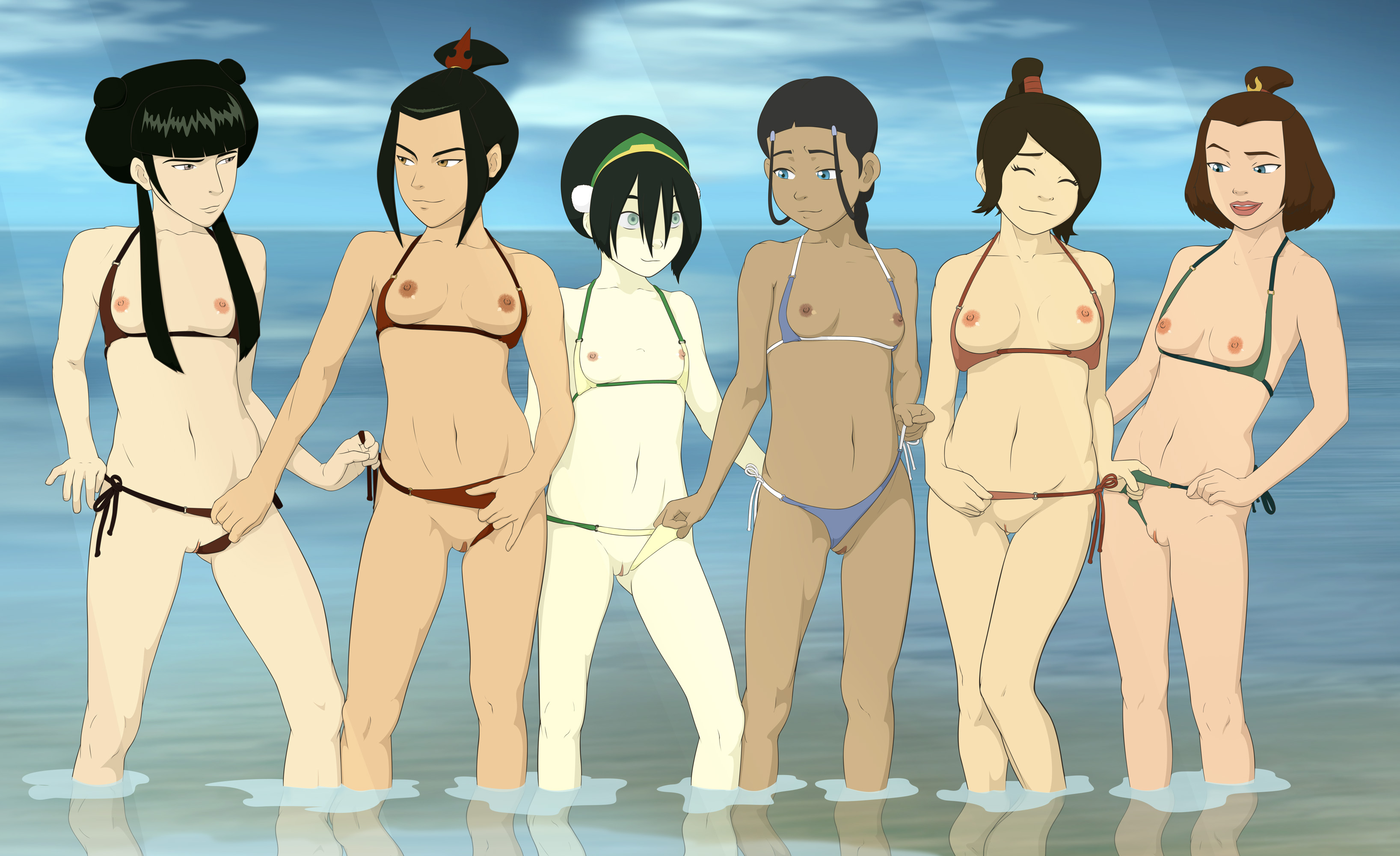 6girls, accurate art style, anaxus, assisted exposure, avatar the last airbender, azula, beach, belly button, between toes, blind, blind eyes, blind female, blind girl, breasts, calf muscles, dark skin, dark-skinned female, earth kingdom, female, female only, fire nation, group, hairless pussy, holding, innie pussy, interracial, katara, lineup, mai (avatar), multiple females, multiple girls, muscles, naked, naked teenager, navel, nickelodeon, nipples, ocean, ponytail, public, pussy, realistic breast size, short hair, small breasts, smiling, standing, suki, swimsuit, swimsuit aside, teenage breasts, teenage girl, teenage girls, teenage tits, toph bei fong, touching, ty lee, water, water tribe, young teen