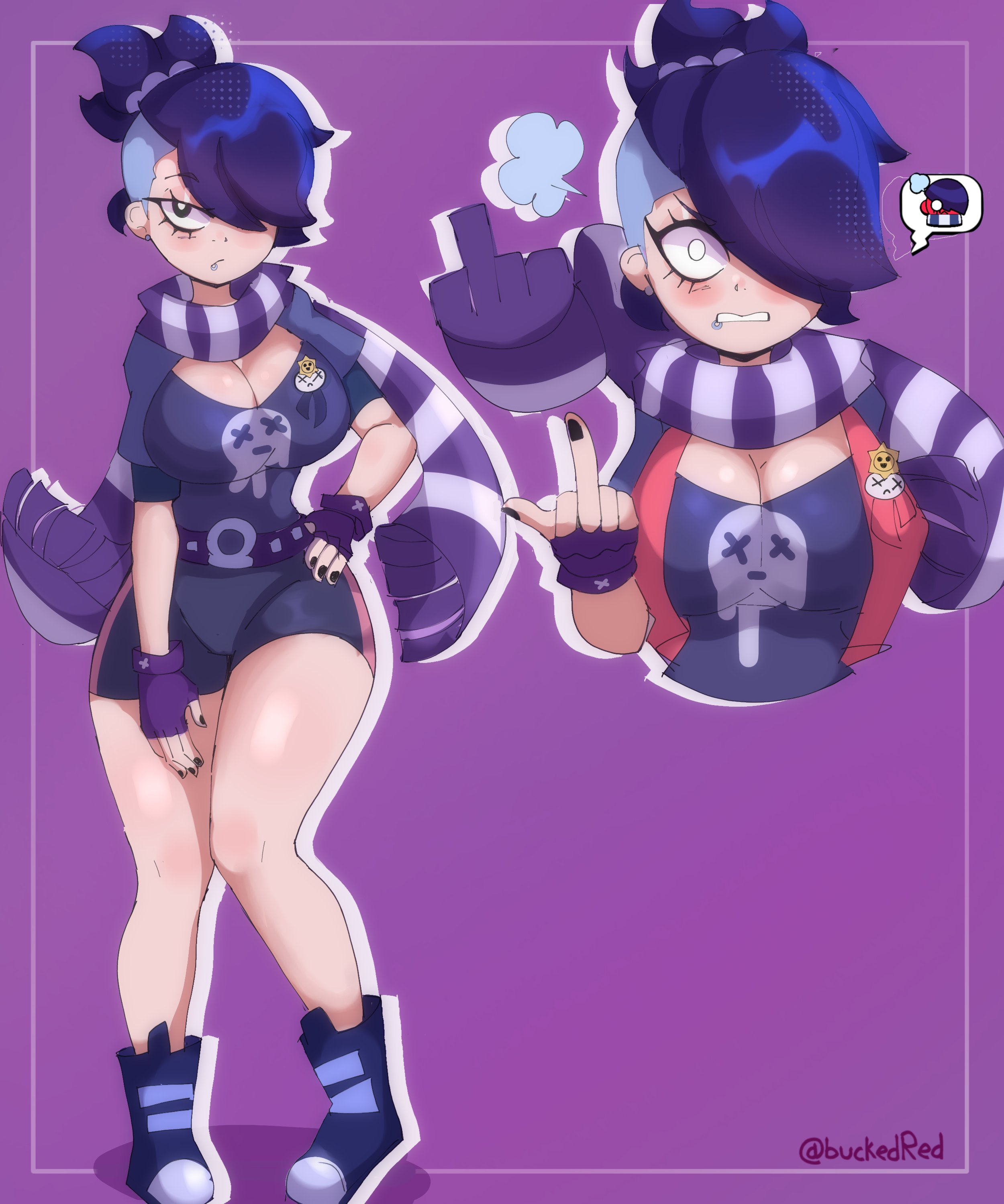 big breasts, big thighs, brawl stars, breasts, bucketred, clothed, edgar (brawl stars), emo, female, rule 63