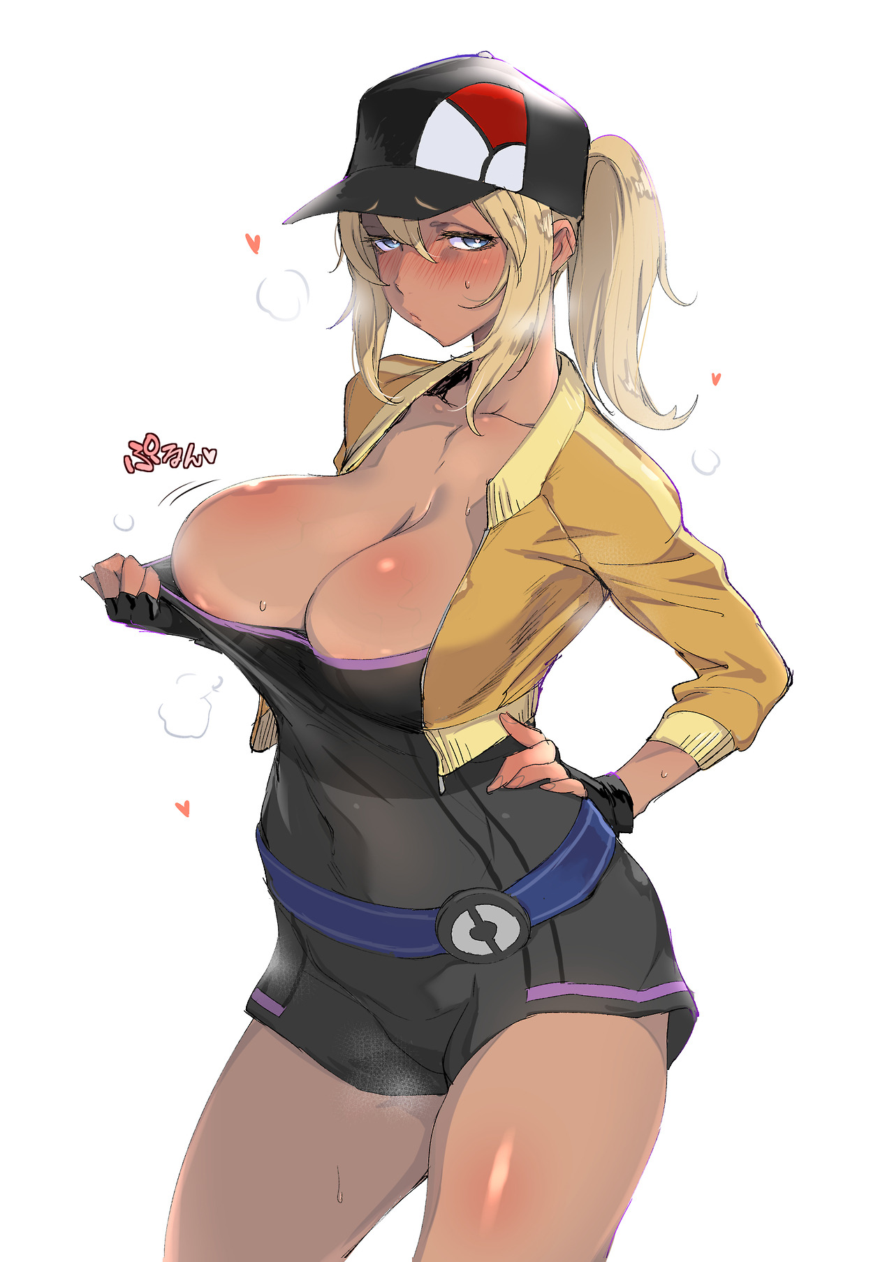 big breasts, blonde hair, blush, breasts, cleavage, dark skin, dark-skinned female, female, female only, female protagonist (pokemon go), iku (ikuchan kaoru), large breasts, pokemon, pokemon go, short shorts, shorts, solo, tan