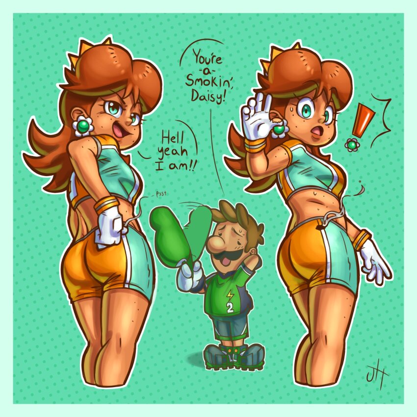 1boy :d :o artist_name ass blue_eyes breasts brown_hair burning buttocks daisy's_hot_stuff_(meme) daisy's_hot_stuff_(trend) dat_ass earrings facial_hair female flipped_hair flower_earrings full_body gamertimeartz gloves hat highres hot_ass in_love jewelry looking_at_another luigi mario_(series) mario_strikers midriff moustache nintendo open_mouth princess_daisy round_ass sassy shorts smug standing super_mario_strikers surprised surprised_expression sweat thighs tomboy young young_female