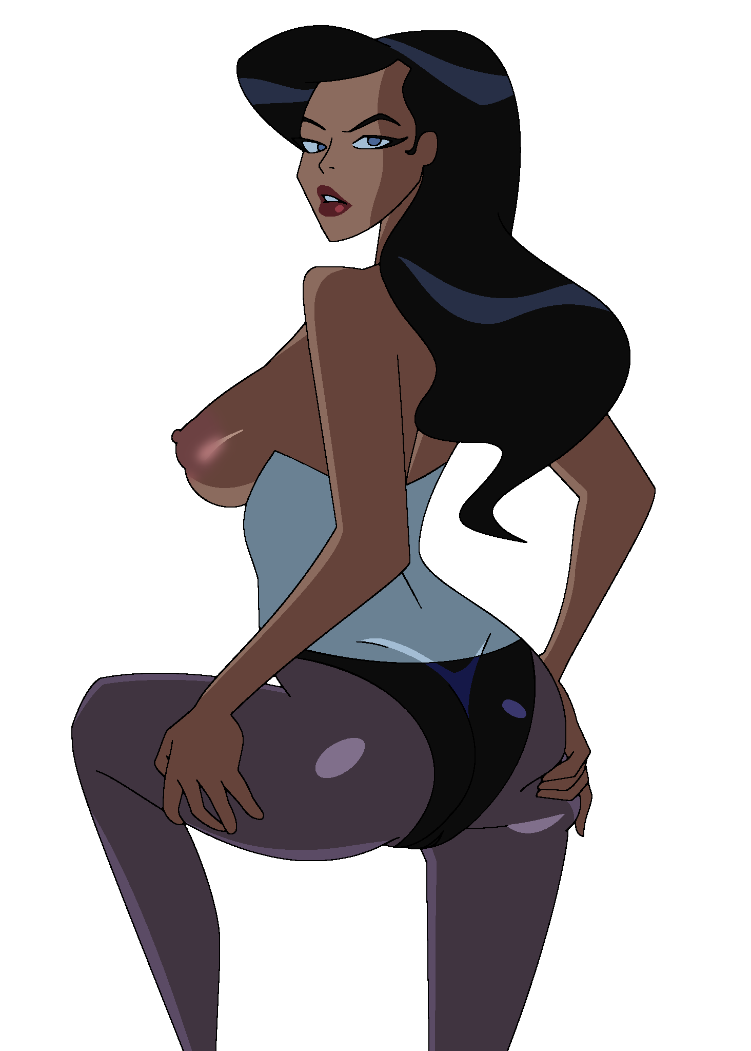 ass_press backside black_hair blue_eyes dc dc_comics exposed_breasts grey_leggings half_naked justice_league_unlimited looking_back raven_hair webart20 zatanna zatanna_zatara