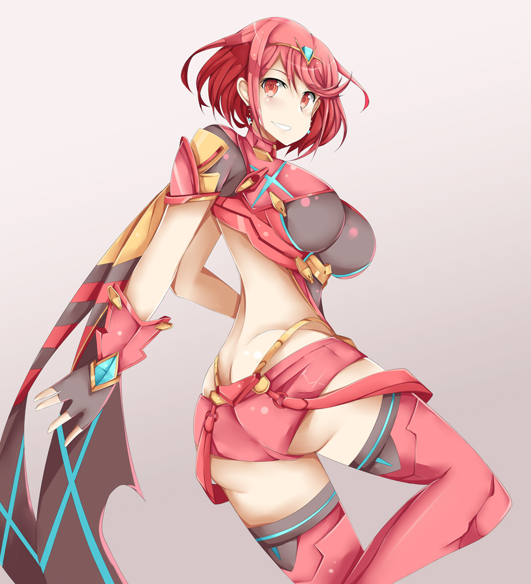 1girls, breasts, female, huge breasts, looking back, nintendo, pyra, red hair, short hair, xenoblade (series), xenoblade chronicles 2