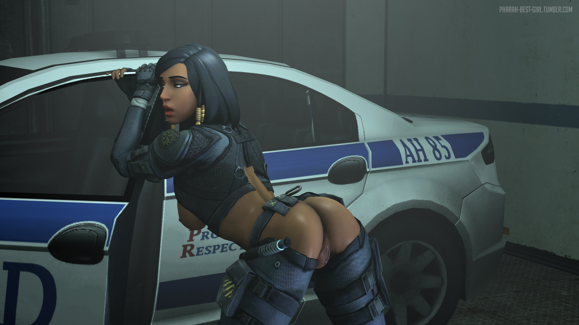 16:9, 3d, ass, big ass, black eyes, black hair, breasts, dark skin, dark-skinned female, female, highres, overwatch, pharah, pharah-best-girl, police, police uniform, pussy, source filmmaker, uniform