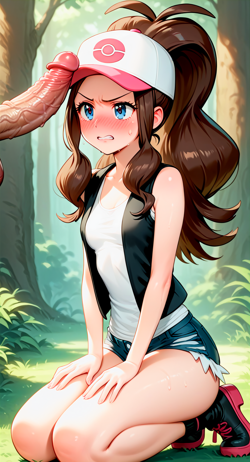 ai_generated defeated_heroine hilda_(pokemon) imminent_rape minishorts pokemon pokemon_bw pokemon_trainer teenage_girl teenager thick_thighs ugly_bastard