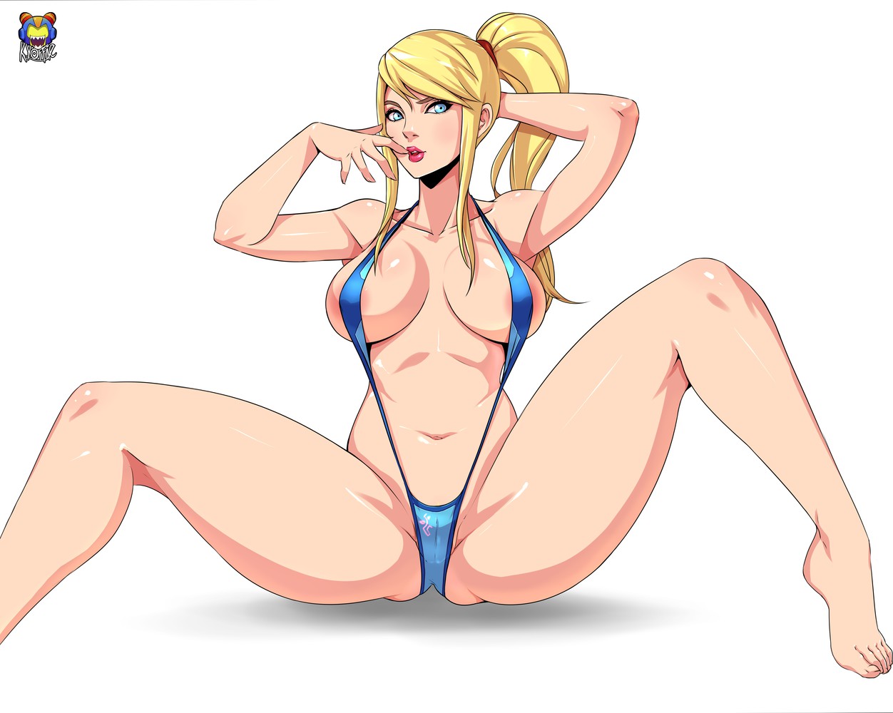 alluring, big breasts, blonde hair, blue eyes, breasts, female, higher resolution available, kyoffie, legs, metroid, navel, nintendo, samus aran, shiny skin, sling bikini, solo, tagme, thighs