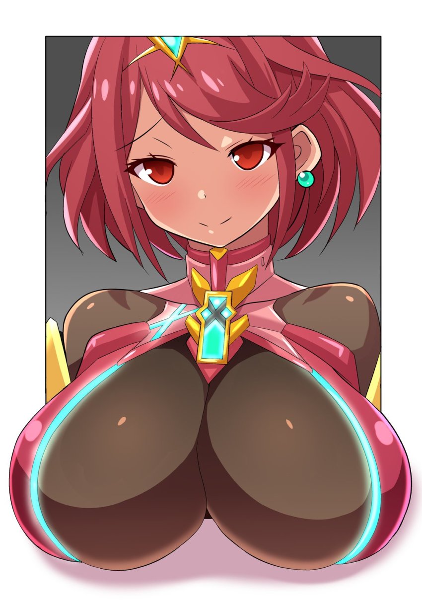 1girls 3d_illusion anime_style bangs blush border breasts busty closed_mouth earrings female female_only glowing gradient gradient_background grey_background half-closed_eyes head_tilt highres huge_breasts jewelry konno_tohiro looking_at_viewer nintendo outside_border pop_out pyra_(xenoblade) red_eyes red_hair shadow shiny shiny_clothes short_hair skin_tight smile solo swept_bangs tiara turtleneck upper_body white_background xenoblade_(series) xenoblade_chronicles_2