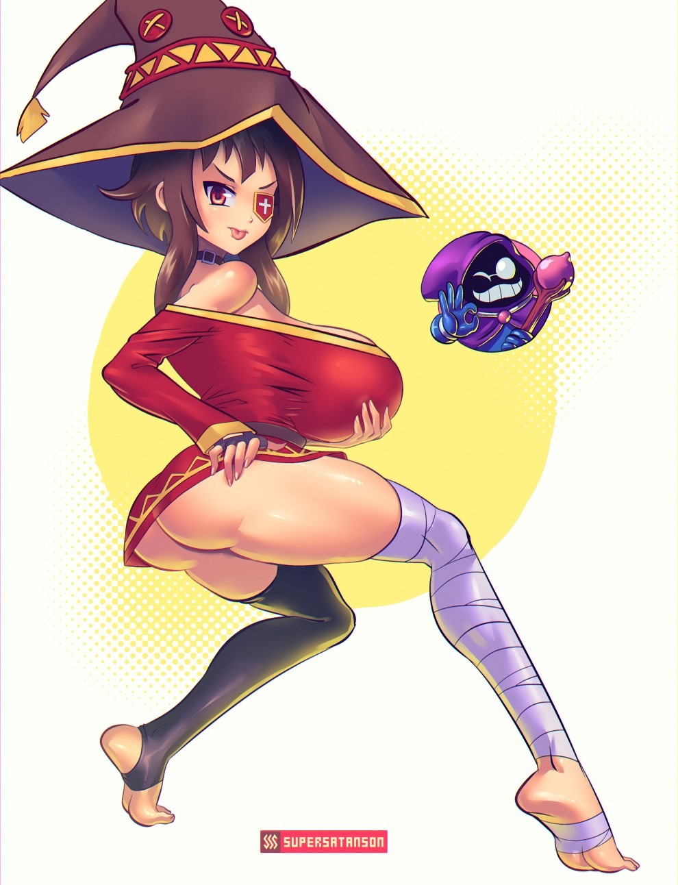 1girls, ass, barefoot, big breasts, breasts, bubble ass, cleavage, feet, female, female only, huge breasts, kono subarashii sekai ni shukufuku wo!, large breasts, looking at viewer, megumin, solo, supersatanson, toeless legwear