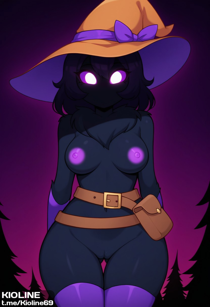 abyssal_rampage ai_generated belt black_body black_fur black_hair civitai demon_girl furry kioline mouthless purple_eyes purple_nipples short_hair specimen_73 thick_thighs thighhighs wide_hips witch witch_hat