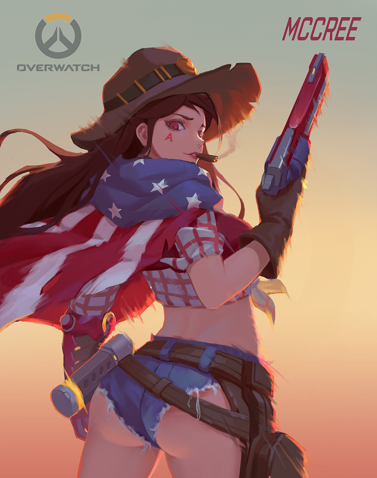 american cassidy, american flag, ass, back view, belt, brown hair, character name, chen hg, cigar, clothing, cole cassidy, cowboy hat, female, female cassidy, female only, firearm, from behind, front-tie top, gloves, gradient background, gun, handgun, handwear, hat, highres, holding weapon, human, long hair, looking at viewer, looking back, outerwear, overwatch, overwatch 2, pale skin, poncho, ranged weapon, revolver, rule 63, short shorts, skimpy, smoking, solo, summer games series, weapon