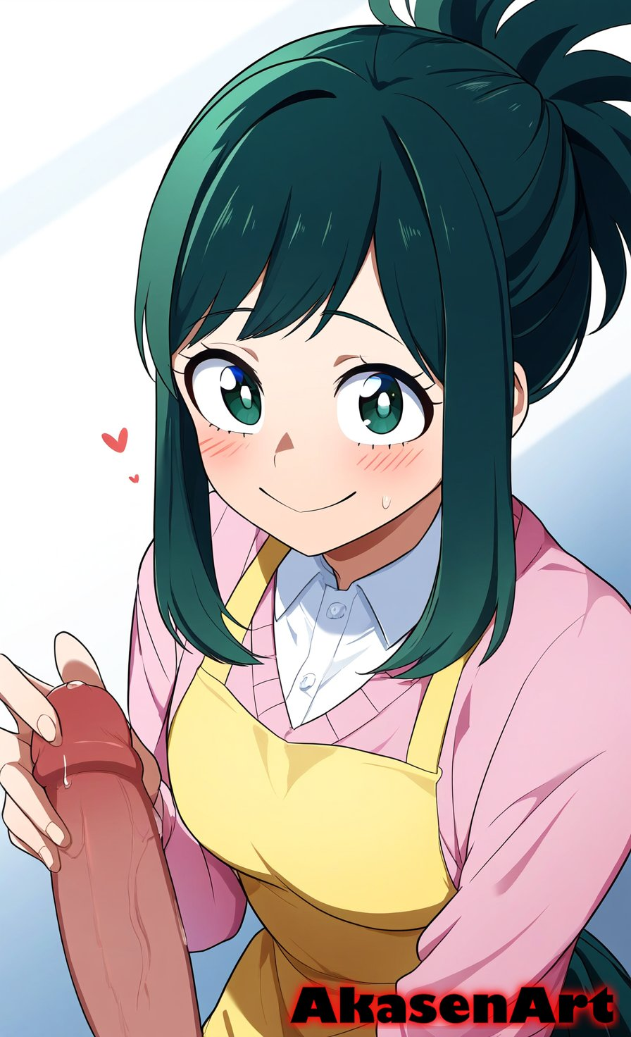 1boy ai_generated akasenart apron female female green_hair handjob inko_midoriya milf my_hero_academia penis smiling