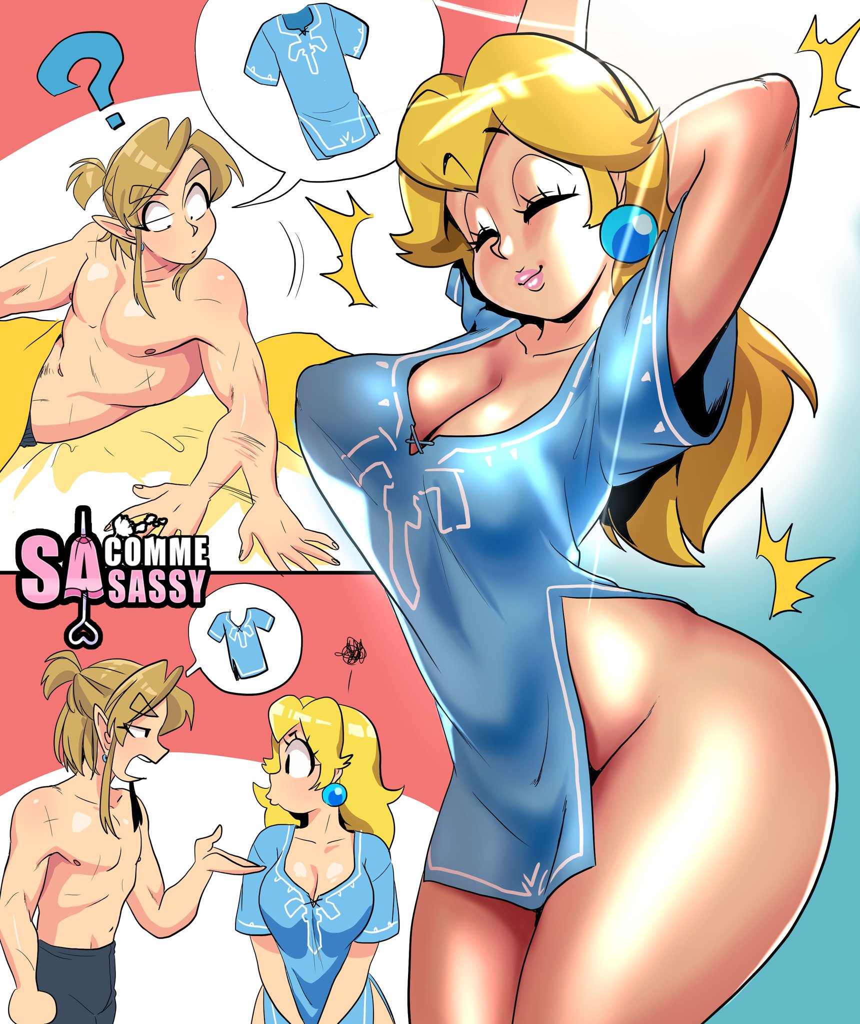 1boy, 1girls, blonde, blonde female, blonde hair, blonde-haired female, breasts, breath of the wild, crossover, female, hips, link, link (breath of the wild), male, mario (series), pretty boy, princess peach, sasatseng, shirtless male, super mario bros., the legend of zelda