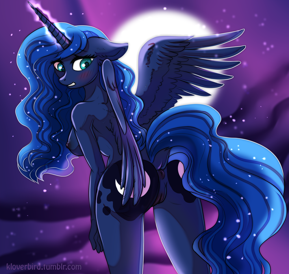 2018 alicorn anthro anthrofied anus areola ass blue_eyes blue_feathers blue_hair breasts cutie_mark digital_media_(artwork) dock equine feathered_wings feathers female friendship_is_magic full_moon hair horn ketty-leopardess long_hair looking_back mammal moon my_little_pony nipples princess_luna_(mlp) pussy solo wings