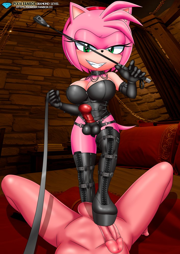 amy_rose animal_ears anonymous_male bad_dragon_dildo bad_dragon_toy bbmbbf bed black_leather_boots black_leather_corset black_leather_gloves black_nose blanket blush buckle_straps choker corset dominatrix dungeon eyelashes faceless_male female_focus female_on_top femdom furry green_eyes hair_tuft headband holding_leash holding_objects holding_riding_crop horsecock_dildo huge_breasts imminent_penetration leash leather_gloves male/female male_on_bottom malesub palcomix pillow pink_fur pink_hair pink_quills pink_tail red_blanket red_pillow riding_crop sega smile sonic_(series) sonic_the_hedgehog_(series) stepping_on_penis strap-on thigh_boots white_male white_skin