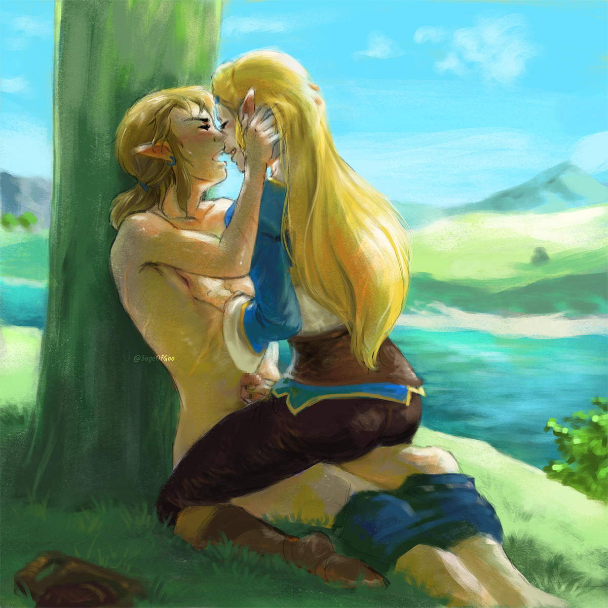 1boy, 1girls, blonde hair, blush, breath of the wild, censored, censored penis, cfnm, clothed female nude male, elf ears, link, link (breath of the wild), mosaic censoring, nintendo, only one naked, princess zelda, sageofgoo, the legend of zelda, underwear down, zelda (breath of the wild)