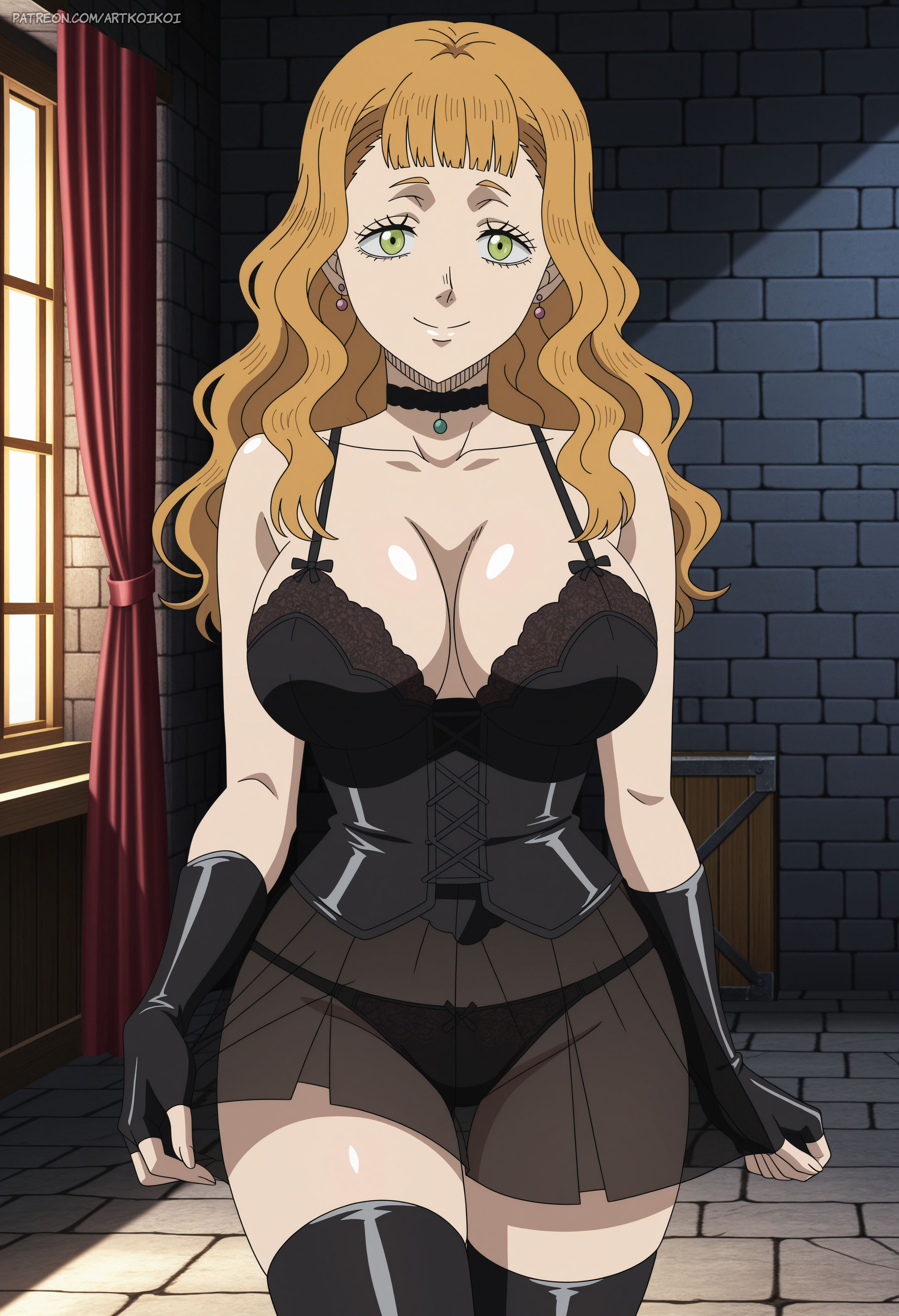 ai generated, artkoikoi, asian, asian female, big breasts, black clover, breasts, choker, cleavage, corset, earrings, female, fingerless gloves, gloves, green eyes, highres, hourglass figure, jewelry, lace-trimmed bra, latex, latex corset, latex gloves, latex thighhighs, lingerie, lingerie only, long hair, looking at viewer, mimosa vermillion, orange hair, patreon, patreon username, royalty, see-through, see-through skirt