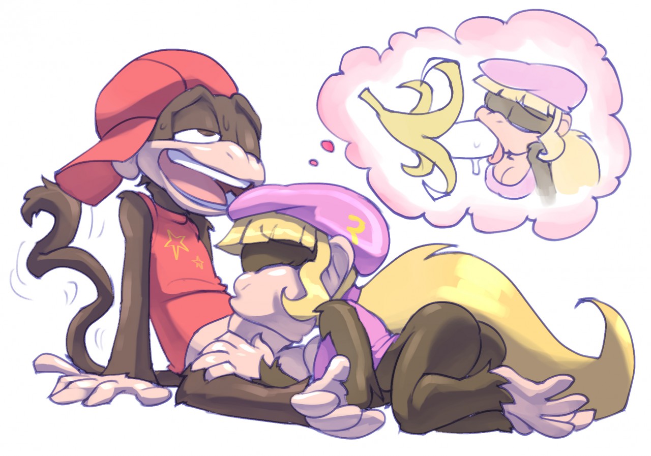 ass, banana, bigdad, blonde hair, bottomless, brown fur, clothed, clothing, diddy kong, dixie kong, donkey kong (series), duo, fellatio, female, food, fruit, fur, hair, haplorhine, hat, hi res, long hair, looking pleasured, male, mammal, monkey, nintendo, no humans, open mouth, oral, penis, ponytail, primate, sex, straight, sweat, toes, video games