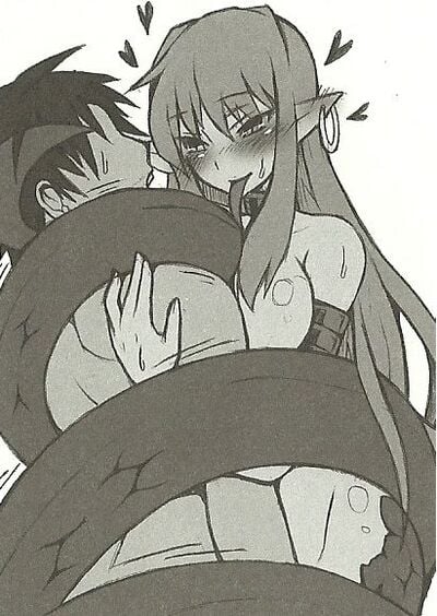 1boy 1girls big_breasts blush bound bound_arms colorless earrings hearts_around_head kenkou_cross lamia large_breasts long_tongue monster_girl monster_girl_encyclopedia scales scalie snake_girl snake_tail tail_wrapped_around tongue_out white_background