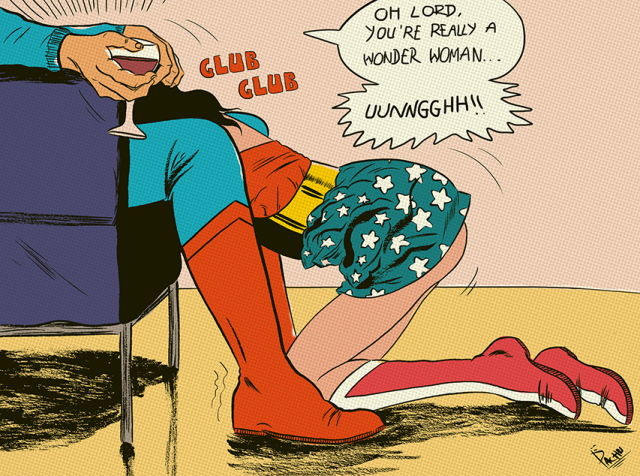 boots, clark kent, comic, dc, dc comics, dc golden age, fellatio, female, glass, kal-el, male, oral, sitting, skirt, speech bubble, straight, superman, superman (clark kent), superman (series), text, wine, wonder woman, wonder woman (series)