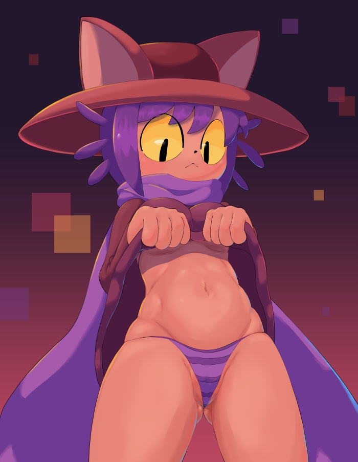 1girls artist_request belly_button catgirl clothed exposing hat lifting_dress looking_down niko_(oneshot) oneshot panties purple_hair scarf shortstack showing_off underwear visible_pussy yellow_eyes