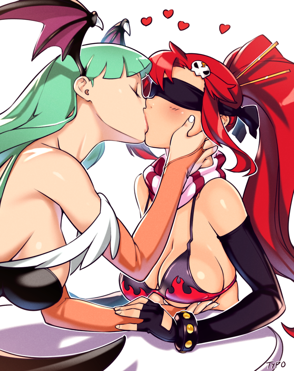 <3 2girls artist_name big_breasts black_blindfold blindfold blush bra breasts bridal_gauntlets capcom chopsticks cleavage closed_eyes clothed clothing crossover darkstalkers deep_kissing female female/female female_only fingerless_gloves fondling gainax green_hair hairclip head_wings hearts hearts_around_head kissing lesbian lesbian_kiss lesbians long_hair morrigan_aensland optionaltypo ponytail red_hair redhead scarf signature small_breasts striped_scarf succubus table teenager tengen_toppa_gurren_lagann touching_breast touching_face yoko_littner yuri