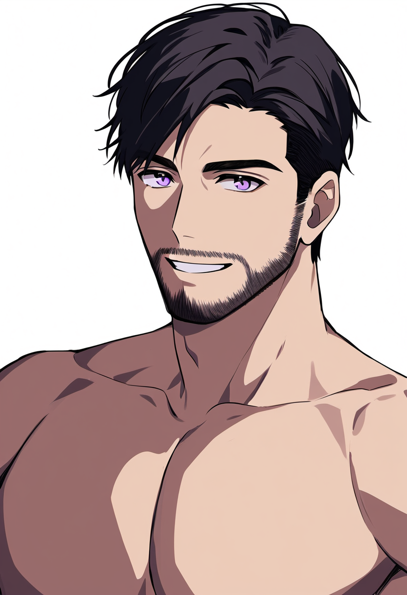 1boy ai_generated black_hair facial_hair hismajestyii ivan_fioletov lilac_eyes male male_only mature moustache no_top novelai original pale_skin rwby shirtless square_jaw stubble swept-back_hair topless