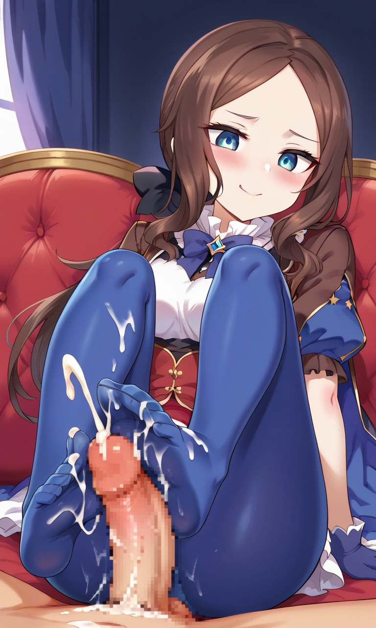 ai generated, blush, breasts, brown hair, cum, dress, fate (series), fate/grand order, feet, feet on penis, female, footjob, leonardo da vinci (fate/grand order), leonardo da vinci (rider) (fate), light skin, light-skinned female, light-skinned male, looking at viewer, male, pantyhose, penis, small breasts