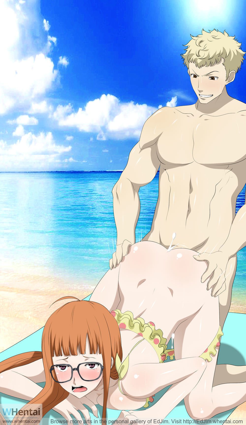 1boy, 1girls, ambiguous penetration, ass, ass grab, atlus, beach, breast press, breasts, cum, cum inside, doggy style, ed-jim, female, glasses, male, open mouth, orange hair, outdoor sex, outside, persona, persona 5, rolling eyes, ryuji sakamoto, sakura futaba, sex, shiny skin, straight, swimsuit, text, uncensored, web address, whentai