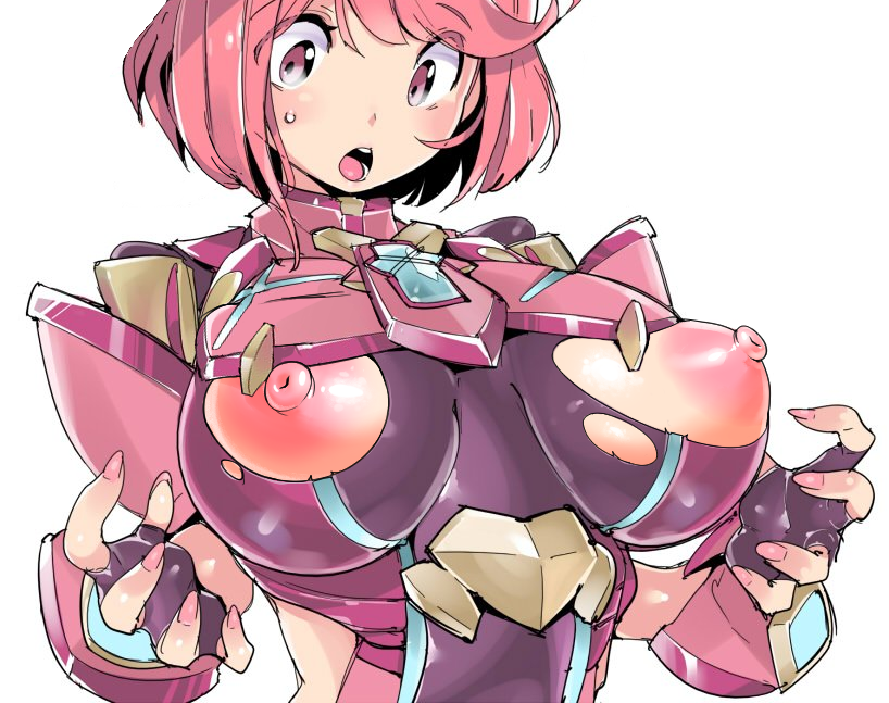 1girls, breasts, female, huge breasts, large breasts, nintendo, pyra, red hair, short hair, white background, xenoblade (series), xenoblade chronicles 2