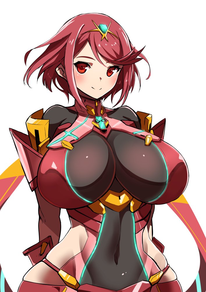 1girls, armor, arms behind back, blush, breasts, covered navel, curvy, female, female only, hair ornament, hip focus, hips, huge breasts, looking at viewer, nintendo, nuezou, pyra, red eyes, red hair, short hair, simple background, smile, solo, source request, white background, wide hips, xenoblade (series), xenoblade chronicles 2